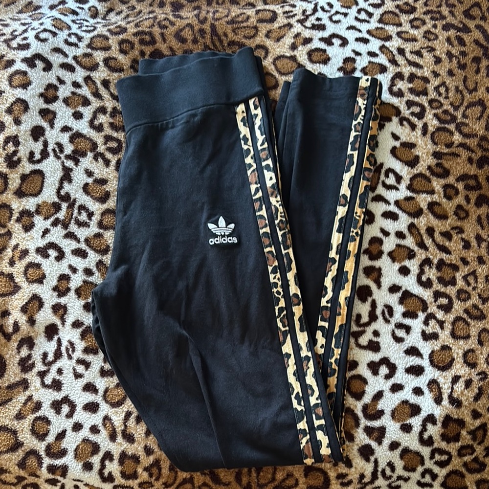 adidas Women’s Black Joggers with Leopard-Print Side Stripes